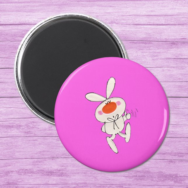 Happy Dancing Niedliches Weißes Kaninchen Magnet (Cute cartoon white rabbit big nose thumbs up sign on hot pink round magnet.)