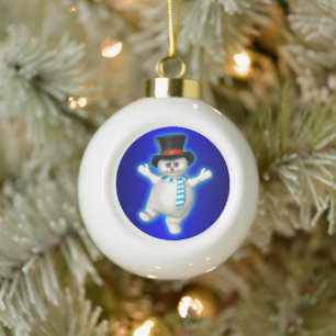 Happy Dancing Snowman on Blue Keramik Kugel-Ornament