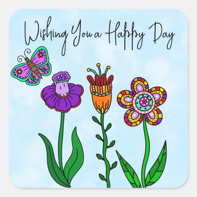 Happy Day Hübsch Blume Square Sticker (Vorderseite)