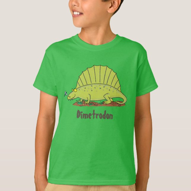 Happy Dimetrodon grüner Cartoon Dinosaurier T-Shirt (Vorderseite)