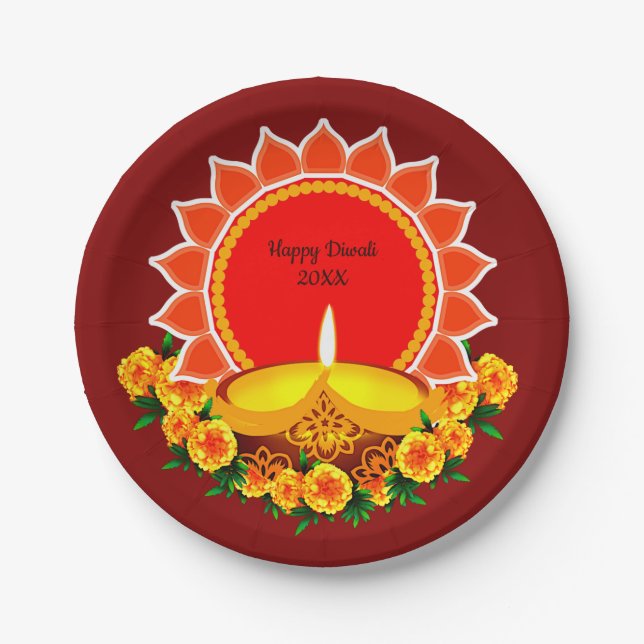 Happy Diwali 20xx Add Year oder Text Marigolds 7" Pappteller (Vorderseite)