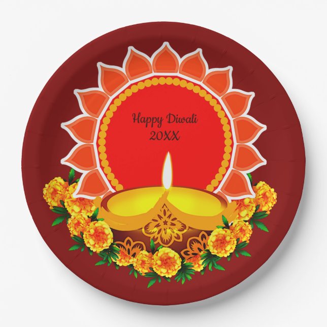 Happy Diwali 20xx Add Year oder Text Marigolds 9" Pappteller (Vorderseite)