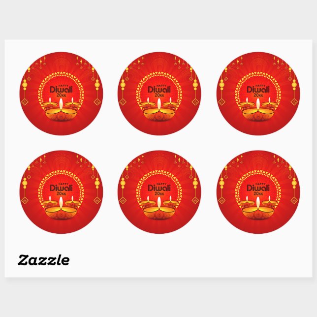 Happy Diwali 20xx Add Year oder Text Red Gelb Runder Aufkleber (Blatt)