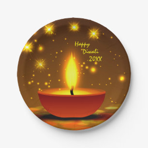 Happy Diwali 20xx Diya Gelbe Flamme Glitzern 7" Pappteller
