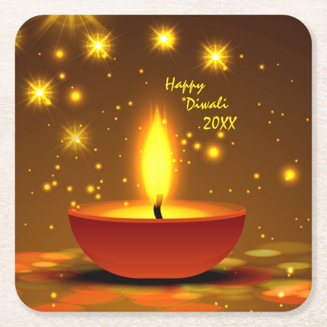Happy Diwali 20xx Diya Yellow Flame Glitzern Rechteckiger Pappuntersetzer (Vorderseite)