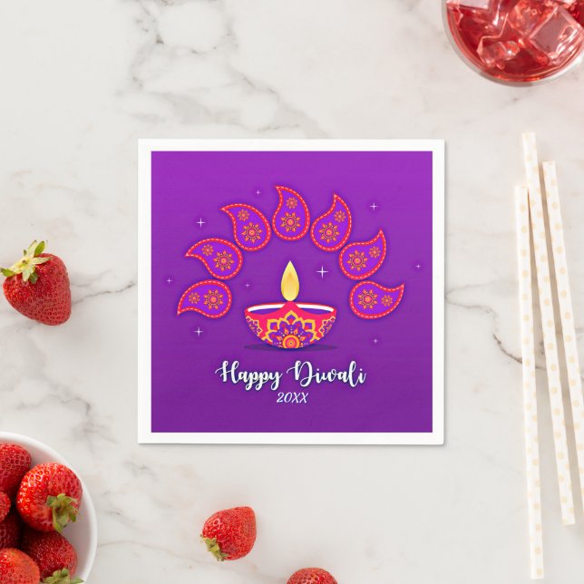 Happy Diwali Add Year 20xx Lila Gelb Rot Serviette (Beispiel)