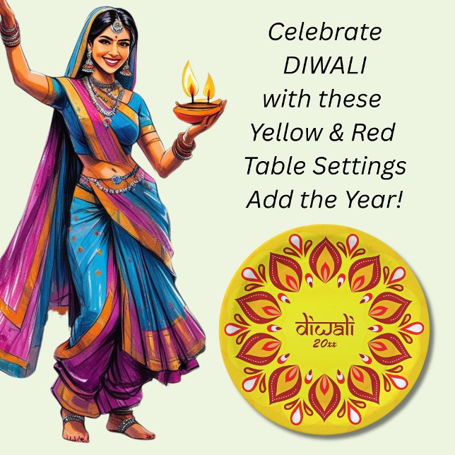 Happy Diwali Add Year Yellow Red 9" Paper Plate Pappteller (Von Creator hochgeladen)