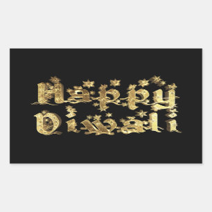 Happy Diwali Black and Gold Elegante Stars Text Rechteckiger Aufkleber