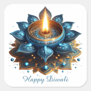 Happy Diwali Blue Gold Festival Quadratischer Aufkleber