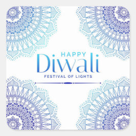 Happy Diwali Blue White Mandala Festival of Light Quadratischer Aufkleber