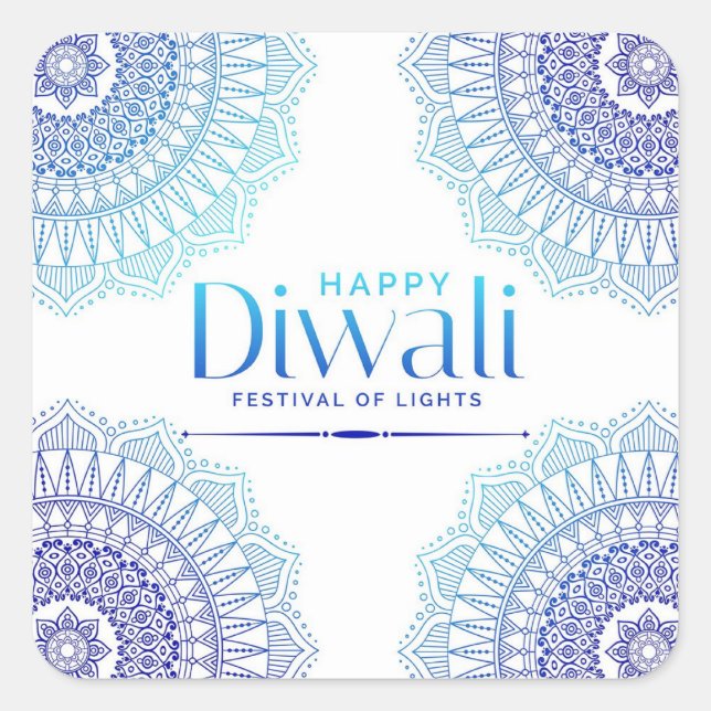 Happy Diwali Blue White Mandala Festival of Light Quadratischer Aufkleber (Vorderseite)