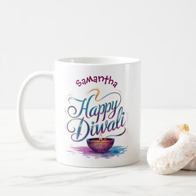 Happy Diwali customisable white  Kaffeetasse (Mit Donut)
