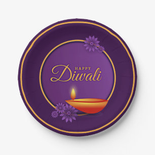 Happy Diwali Diya Candle Lila Gold 7" Pappteller