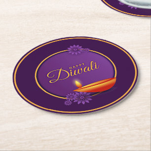 Happy Diwali Diya Candle Lila Gold Runder Pappuntersetzer