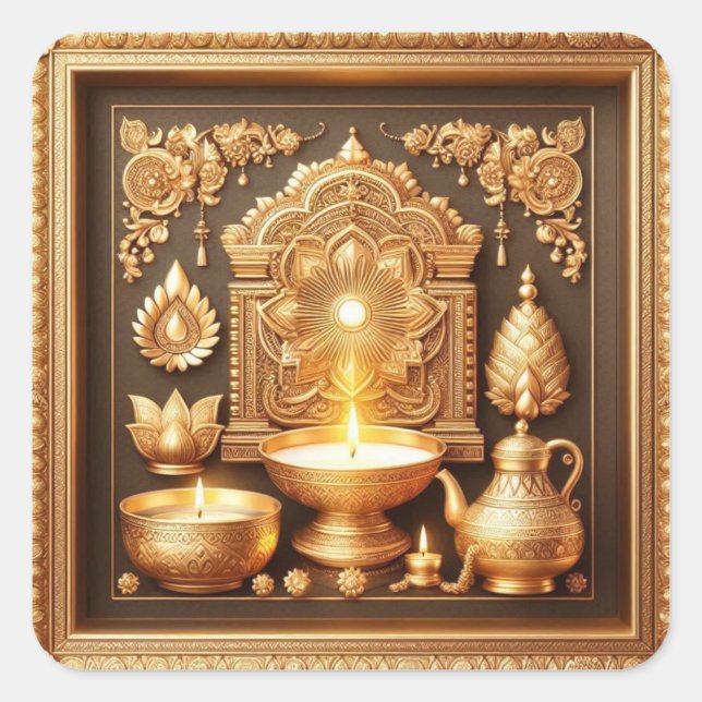 Happy Diwali Diya Festival of Light Floral Gold Quadratischer Aufkleber (Vorderseite)