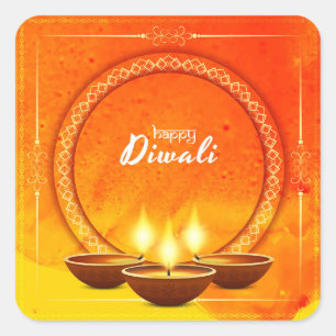 Happy Diwali Diya Yellow Orange Gruß Quadratischer Aufkleber