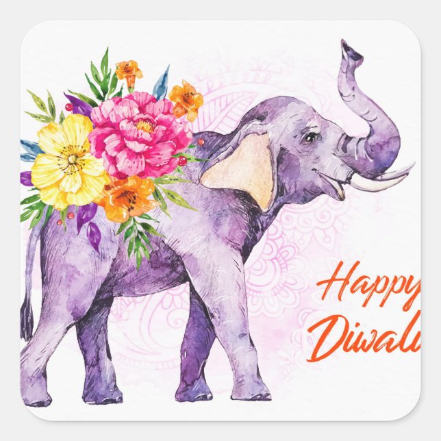 Happy Diwali (Elephant with Colorful Flowers) Quadratischer Aufkleber (Vorderseite)