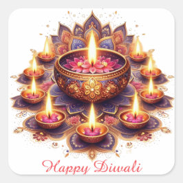 Happy Diwali Floral Diya Rangoli Festival des Lich Quadratischer Aufkleber