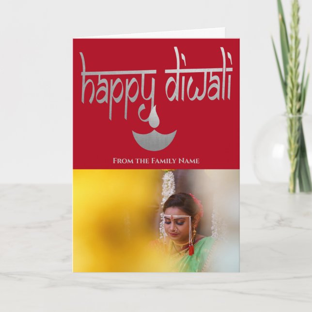 Happy Diwali Foto Personalisiert Silber und Rot Karte (Vorderseite)