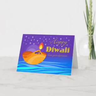 Happy Diwali für Großeltern, Diya und Sterne Karte