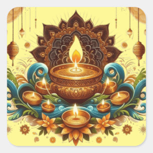 Happy Diwali Gold Diya Festival of Light Blue Quadratischer Aufkleber