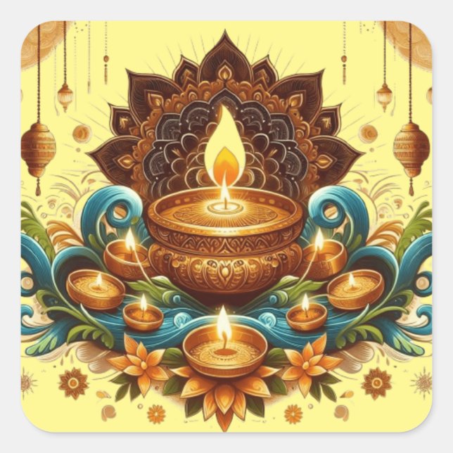 Happy Diwali Gold Diya Festival of Light Blue Quadratischer Aufkleber (Vorderseite)