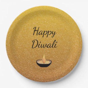 Happy Diwali Gold Glitzer Diya Lamp Flame Pappteller