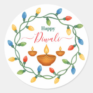 Happy Diwali Lights und Diyas Design Runder Aufkleber