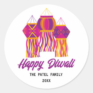 Happy Diwali Lila Pink Yellow Lantern Custom Runder Aufkleber