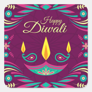 Happy Diwali lila und aquamarine Kerzen Abbildung Quadratischer Aufkleber