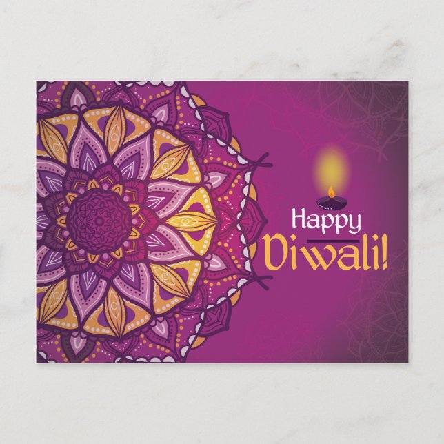 Happy Diwali lila Zierrangoli Postkarte (Vorderseite)