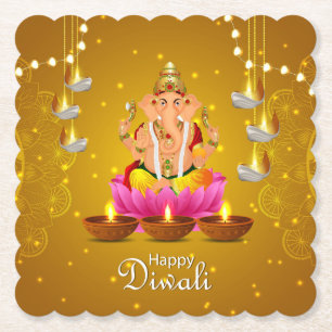 Happy Diwali mit Diya, Rangoli und Ganesh Untersetzer