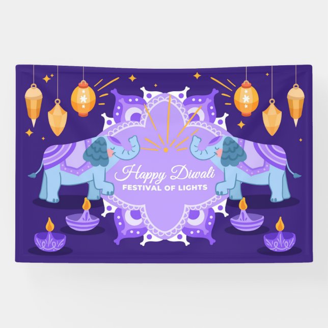 Happy Diwali mit Elefanten, Rangoli und Diya Banner (Horizontal)