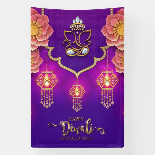 Happy Diwali mit Ganesh, Rangoli und Diya Banner (Vertikal)