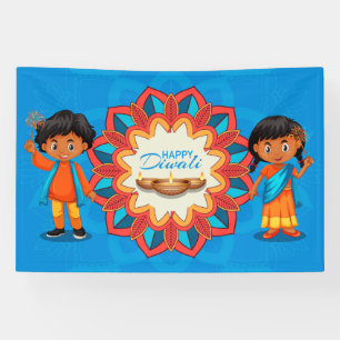 Happy Diwali mit Kindern, Rangoli und Diya Banner