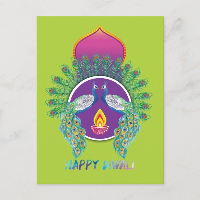 😍 Happy Diwali mit Pfauen Postkarte (Vorderseite)