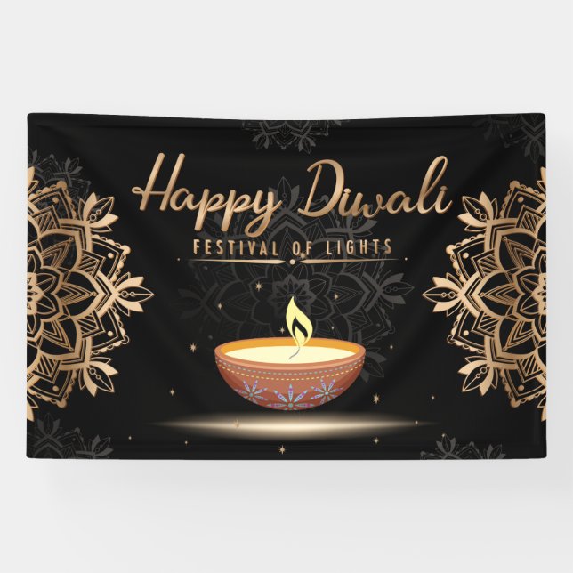 Happy Diwali mit Rangoli und Diya Banner (Horizontal)
