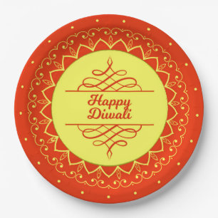 Happy Diwali Orange Cream Mandala Modern 9" Pappteller