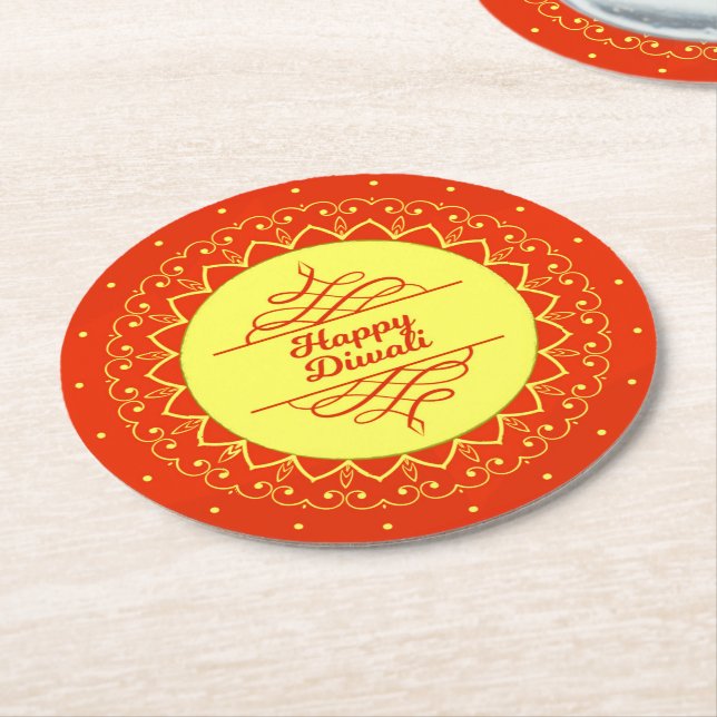 Happy Diwali Orange Cream Mandala Modern Runder Pappuntersetzer (Angewinkelt)