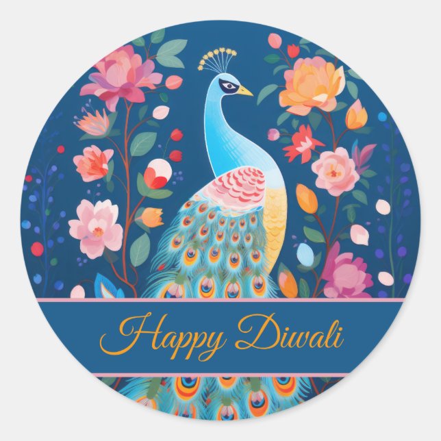 Happy Diwali Peacock & Blume Runder Aufkleber (Vorderseite)