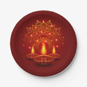 Happy Diwali Red Gold Sparkle Mandala Diya Candles Pappteller