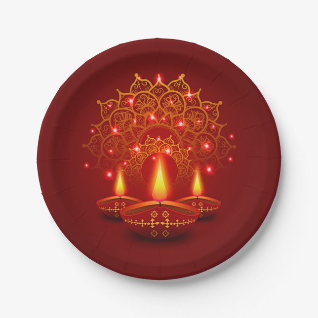 Happy Diwali Red Gold Sparkle Mandala Diya Candles Pappteller (Vorderseite)