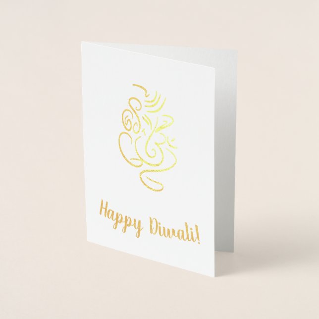 Happy Diwali Text mit Ganesh & Om Foil Line Art Folienkarte (Vorderseite)