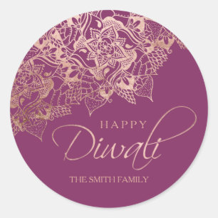 Happy Diwali typografie Rose gold mandala lila Runder Aufkleber