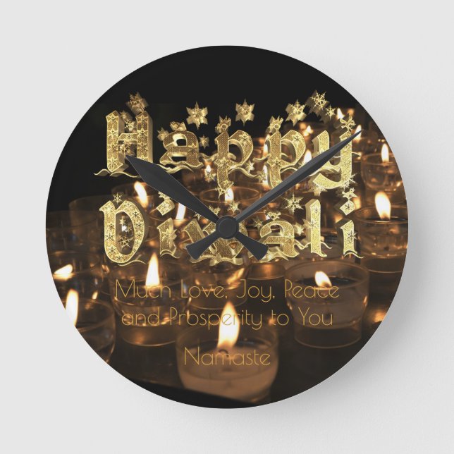 Happy Diwali Zitat Black Gold Typografy Candles Runde Wanduhr (Vorderseite)