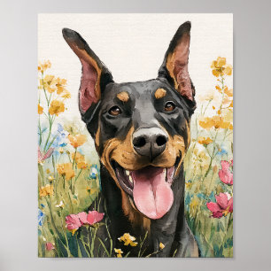 Happy Doberman in Wildblumen - Wasserfarbener Hund Poster