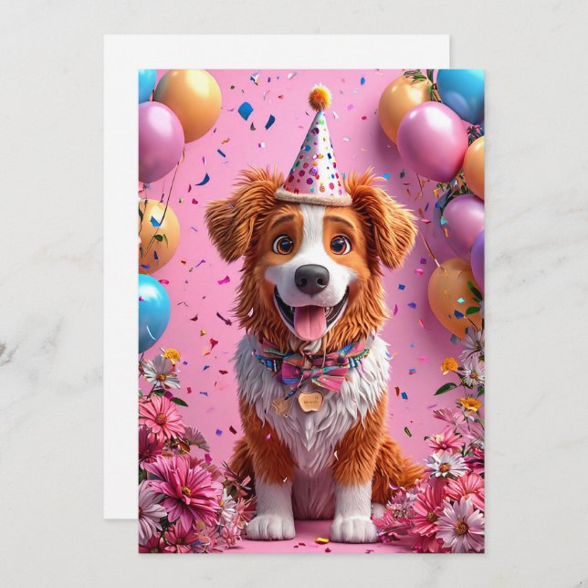 Happy Dog feiert Geburtstag Einladung (Vorne/Hinten)