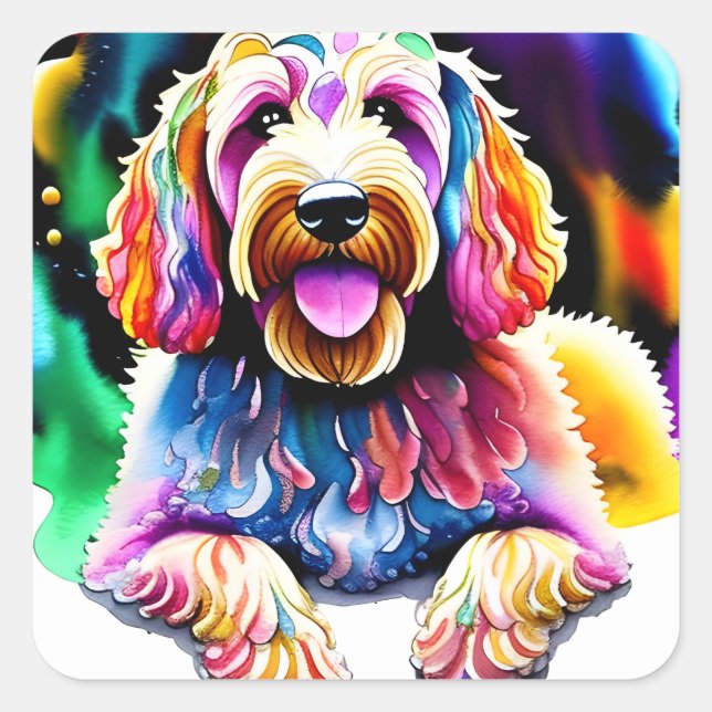 Happy Dog Goldendoodle Watercolor Design Quadratischer Aufkleber (Vorderseite)