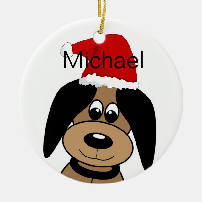 Happy Dog in Santa Hat Personalised Keramik Ornament (Vorne)