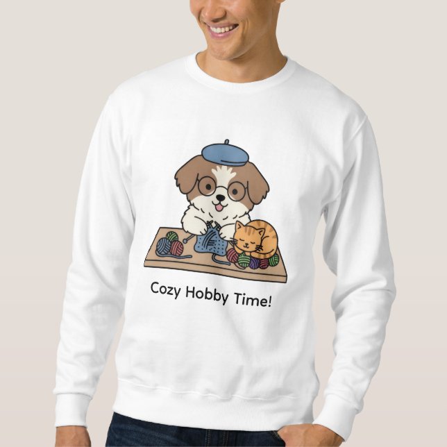 Happy Dog Knitting Cozy Hobby Time Graphic Sweatshirt (Vorderseite)